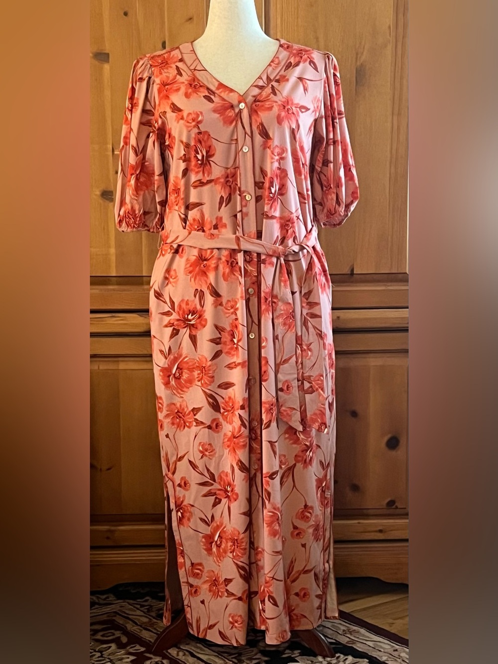 G by Giuliana Coral Pink Floral Button-Front Maxi Dress